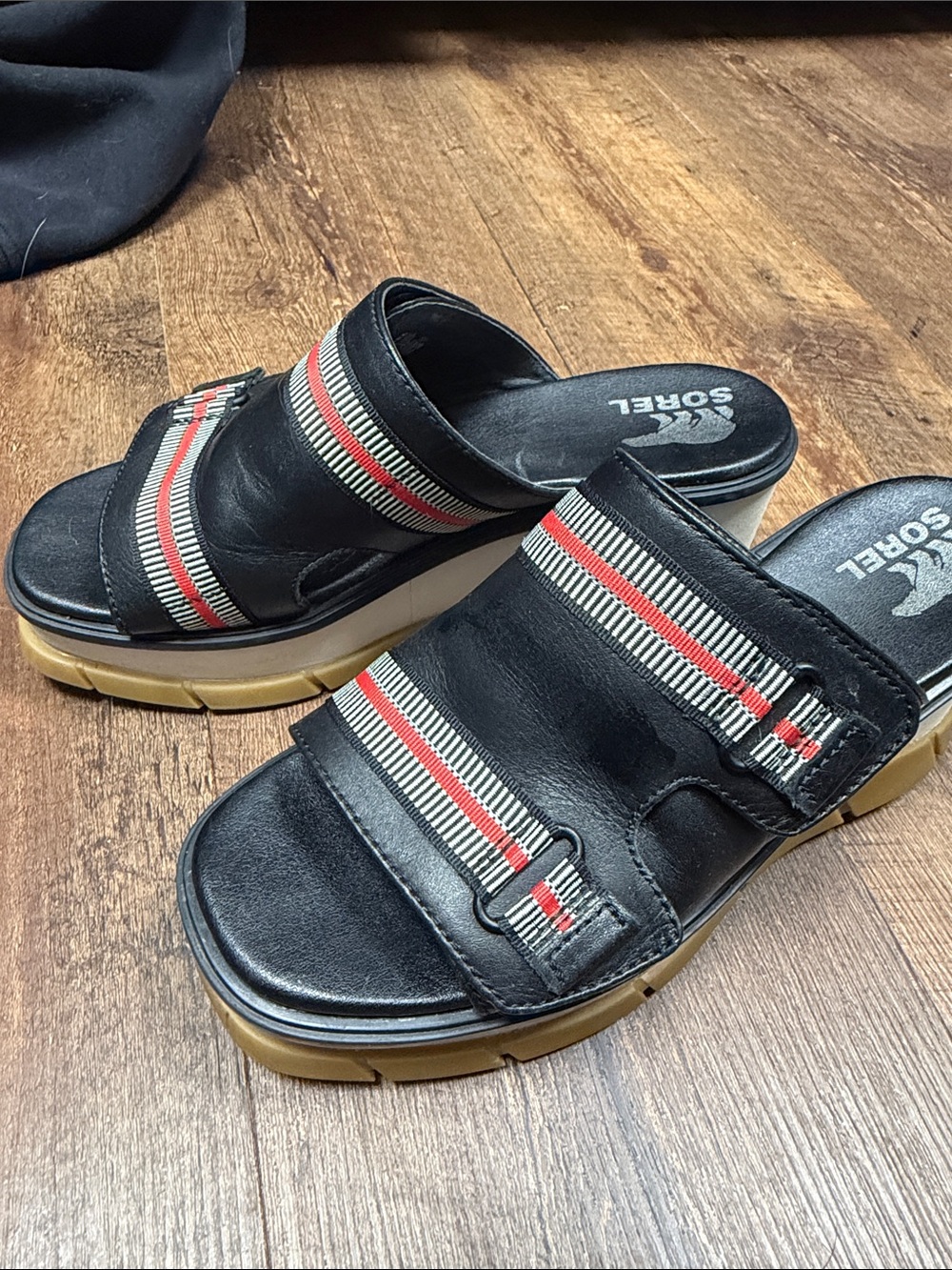 Sorel Black Slide Sandals with Red & Cream Striped Webbing